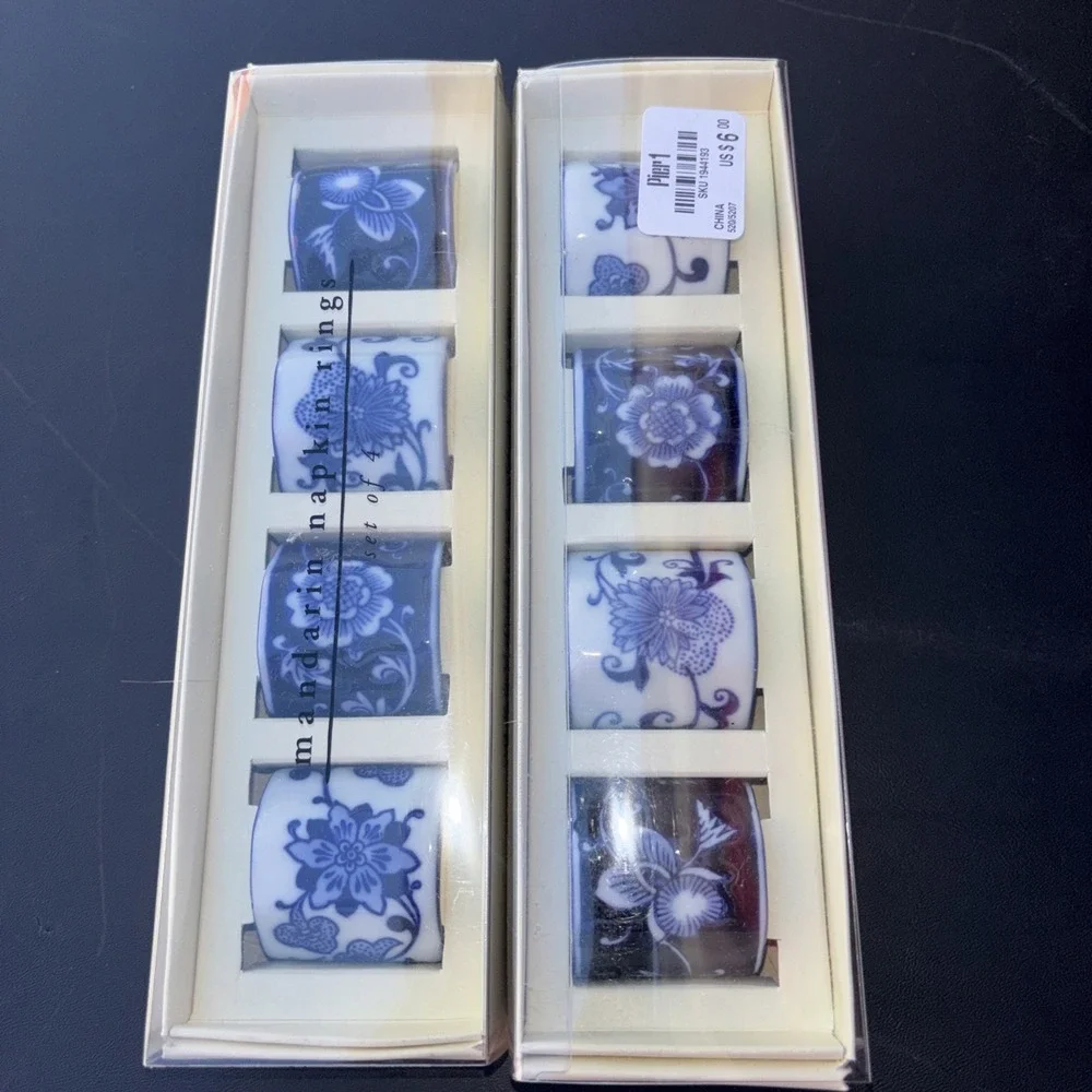 Pier 1 Blue and White Porcelain Mandarin Napkin Rings, Two Sets Of 4